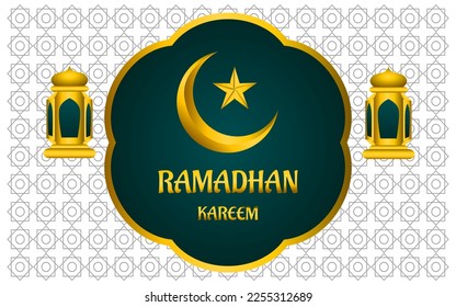 ramadan kareem illustration with mosque and lantern on green color background