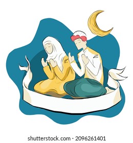 ramadan kareem illustration muslim man and woman praying with ribbon text ,isolated on white background. for happy ramadan mubarak greeting card.