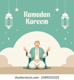 Ramadan Kareem Illustration – Muslim Man Praying with Lanterns