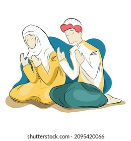 ramadan kareem illustration muslim men and women praying ,isolated on white background. for happy ramadan mubarak greeting card.