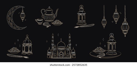 Ramadan Kareem illustration set: hand drawn linear golden Arabic lanterns, Crescent moon, Muslim rosary praying beads, dates in a bowl, Mosque (Masjid) isolated on black background. Eid al-Fitr art