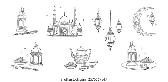 Ramadan Kareem illustration set: hand drawn linear Arabic lanterns, Crescent moon, Muslim rosary praying beads, dates in a bowl, Mosque (Masjid) isolated on white background. Eid al-Fitr outline art