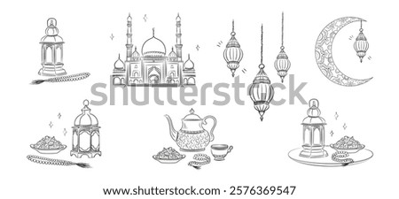 Ramadan Kareem illustration set: hand drawn linear Arabic lanterns, Crescent moon, Muslim rosary praying beads, dates in a bowl, Mosque (Masjid) isolated on white background. Eid al-Fitr outline art