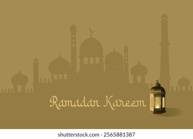 Ramadan Kareem illustration showcasing mosque and lantern elements in golden hues, symbolizing peace and spirituality. Ideal for festive greeting cards, promotional content, and cultural design