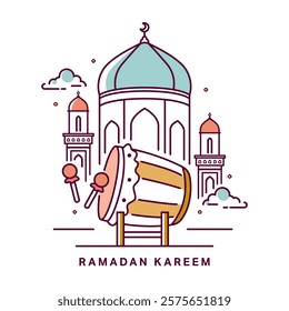 Ramadan Kareem Illustration Using Islamic Symbols Such As Mosque And Bedug In Line Art Design Style