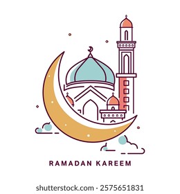 Ramadan Kareem Illustration Using Islamic Symbols Such As Mosque And Moon In Line Art Design Style