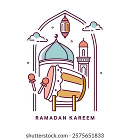 Ramadan Kareem Illustration Using Islamic Symbols Such As Mosque And Bedug In Line Art Design Style