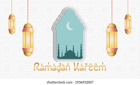 Ramadan kareem illustration vector background with a mosque silhouette, crescent moon, star, lantern and window.  Arabian pattern vector background, for greeting card, social media flyer, brochure.