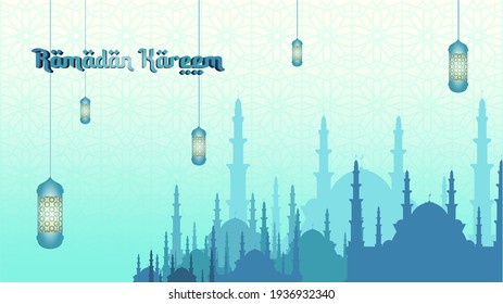 Ramadan kareem illustration vector background with a mosque silhouette, lantern ornament and geometric pattern.  Arabic pattern vector background, for greeting card, social media flyer, brochure.