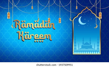 Ramadan kareem illustration vector background with a mosque silhouette, crescent moon, star, and traditional window.  Arabic pattern vector background, for greeting card, social media flyer, brochure.