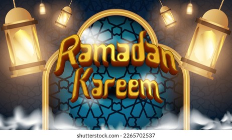 Ramadan kareem illustration vector background with lantern, cloud and window. Arabian pattern vector. Vector Illustration for backdrop, banner, poster, web, brochure, advertisement and greeting card.