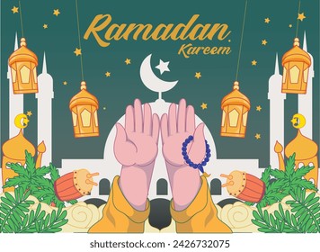 Ramadán kareem ilustración vectorial. Banner o afiche con linterna, estrella y adorno de nubes, rezando manos con rosario adecuado para celebrar eventos de Ramadán.