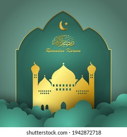 Ramadan Kareem illustration vector design with frame, clouds, gold mosque, crescent moon, and star.
