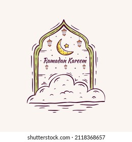 Ramadan Kareem. Vektorgrafik von Illustrationen. Design-Konzept Creszentmond mit Lattern im handgezeichneten Sketch-Stil, Perfekt für den islamischen Heiligen Monat, Banner, Postkarten-Social Media, Grußkarte