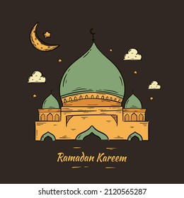 Ramadan Kareem. Illustration vector graphic. Design concept Mosque with crescent moon in Hand Drawn Sketch style, Perfect for Islamic Holy Month, banner, Postcard social media, greeting card