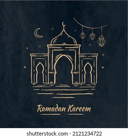 Ramadan Kareem. Illustration vector graphic. Design concept Mosque with lantern in HandDrawn Sketch style, Perfect for Islamic Holy Month, banner, Postcard social media, greeting card