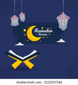 Ramadan Kareem. Illustration vector graphic. Design concept Crescent Moon with lantern in HandDrawn Sketch style, Perfect for Islamic Holy Month, banner, Postcard social media, greeting card