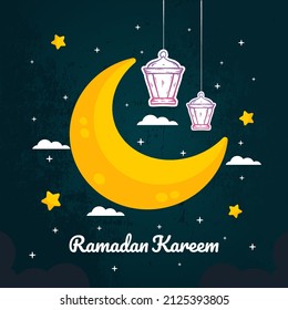 Ramadan Kareem. Illustration vector graphic. Design concept Crescent Moon with lantern in HandDrawn Sketch style, Perfect for Islamic Holy Month, banner, Postcard social media, greeting card