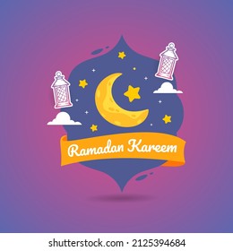 Ramadan Kareem. Illustration vector graphic. Design concept Crescent Moon with lantern in HandDrawn Sketch style, Perfect for Islamic Holy Month, banner, Postcard social media, greeting card