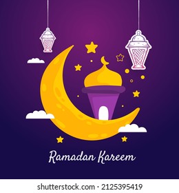 Ramadan Kareem. Illustration vector graphic. Design concept Crescent Moon with lantern in HandDrawn Sketch style, Perfect for Islamic Holy Month, banner, Postcard social media, greeting card