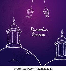 Ramadan Kareem. Illustration vector graphic. Design concept Mosque with lantern in HandDrawn Sketch style, Perfect for Islamic Holy Month, banner, Postcard social media, greeting card