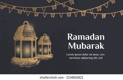 Ramadan Kareem. Illustration vector graphic. Design concept lantern in HandDrawn Sketch style, Perfect for Islamic Holy Month, banner, Postcard social media, greeting card