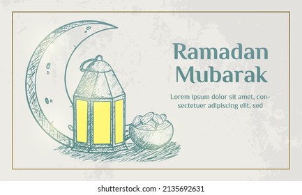 Ramadan Kareem. Illustration Vector Graphic. Design Concept Crescent Moon And Lantern In HandDrawn Sketch Style, Perfect For Islamic Holy Month, Banner, Postcard Social Media, Greeting Card