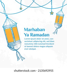 Ramadan Kareem. Gráfico vectorial de ilustración. Linterna de concepto de diseño en estilo de esbozo de manoDibujado, Perfecto para el Mes Sagrado Islámico, banner, medios sociales de postales, tarjeta de saludo