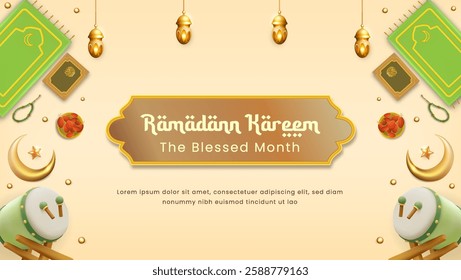 Ramadan Kareem illustrations concept with 3d cartoon style. Suitable for banner, greeting card and flyer.