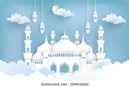 Ramadan Kareem with illustrations of mosques and lanterns. beautiful paper art style.