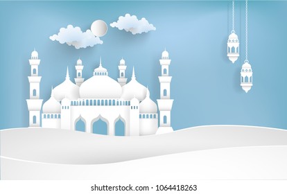 Ramadan Kareem with illustrations of mosques and lanterns. beautiful paper art style.