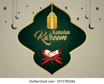 Ramadan kareem invitation greeting card with islamic golden lantern and holy book quraan