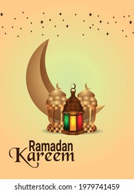 Ramadan kareem invitation party flyer with islamic golden moon and arabic lantern