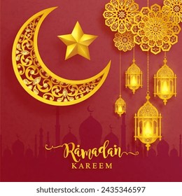 Ramadan Kareem invitations card Ramzan mubarak with yellow lanterns and moon star with red light background special gift cards ramadan 