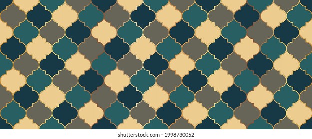 Ramadan Kareem Islam Background. Seamless Moroccan Texture Traditional Ramadan Golden Mosque Tile. Arabic Mosque Window Motif. Eid Mubarak Islamic Decoration. Moroccan Seamless Mosaic Ornament.