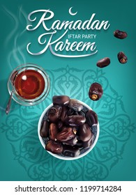 Ramadan Kareem. Islam religious event and Iftar party with  dried sweet palm dates and glass of tea. Realistic isolated illustration.