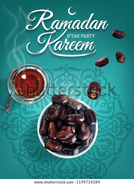 Ramadan Kareem. Islam religious event and\
Iftar party with  dried sweet palm dates and glass of tea.\
Realistic isolated\
illustration.