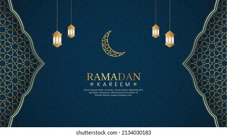 Ramadan Kareem, Islamic Arabic Blue Luxury Background with Geometric pattern and Beautiful Ornament with Lanterns