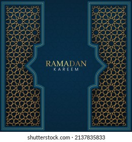 Ramadan Kareem Islamic Arabic Blue Luxury Background with Golden Pattern Border Frame