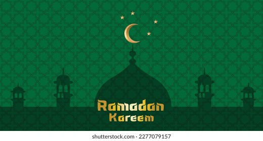 Ramadan Kareem Islamic Arabic geometric pattern with moon stars mosque shadow on green background. 