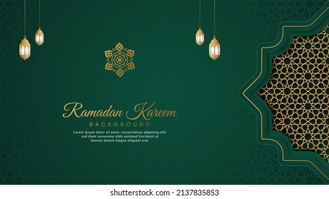 Ramadan Kareem, Islamic Arabic Green Luxury Background with Geometric pattern and Lanterns