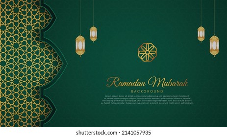 Ramadan Kareem Islamic Arabic Green Luxury Background with Geometric pattern and Beautiful Ornament with Lanterns