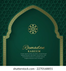 Ramadan Kareem Islamic Arch Green and Golden Luxury Ornamental Background with Islamic Pattern