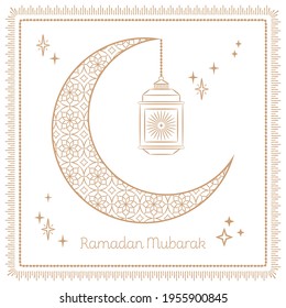 Ramadan Kareem, Islamic art Style Background Greeting Card. Symbols of Ramadan, Hanging Gold Lantern, Arabic lamp, lantern, crescent moon, star, art vector and illustration