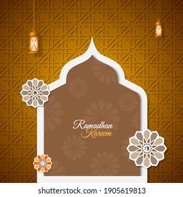 Fondo islámico Ramadan kareem. Estilo árabe con linternas en un patrón tradicional. Es bueno para banner, afiche, papel pintado, diseño de tarjetas de felicitación. Ilustración vectorial. Lugar para el texto