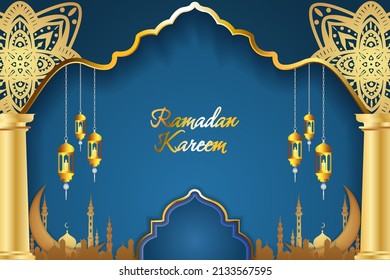 Ramadan Kareem Islamic background blue color with element