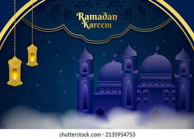 Ramadan Kareem Islamic background blue gold color and element