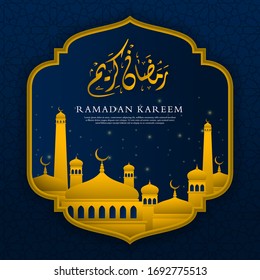 diseño de fondo islámico ramadan kareem con mezquita realista y caligrafía árabe
