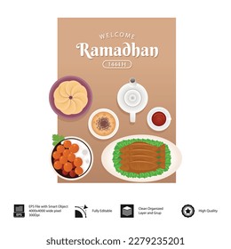 Ramadan kareem. Islamic background design with iftar food menu on table