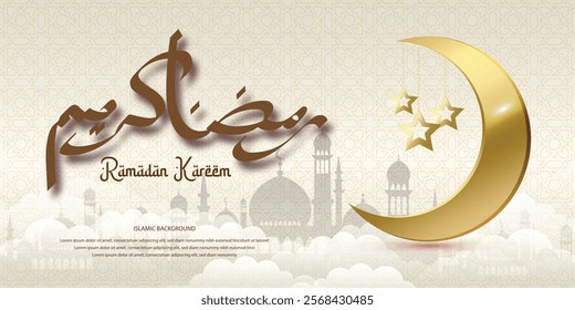 Ramadan Kareem Islamic Background Design with Crescent Moon Stars and Mosque Silhouettes